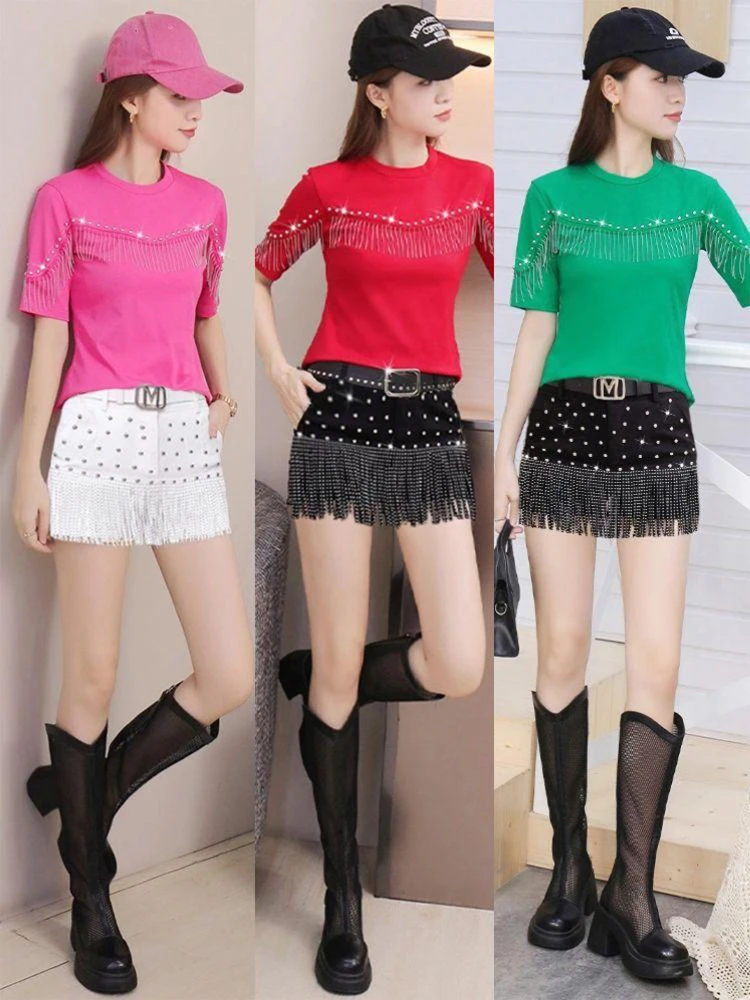 Summer Korean rivet tassel inlaid diamond short sleeved T Shirt and Shorts Two Piece set 2025 new style fashion women's clothing
Summer Korean rivet tassel inlaid diamond short sleeved T Shirt and Shorts Two Piece set 2025 new style fashion women's clothing