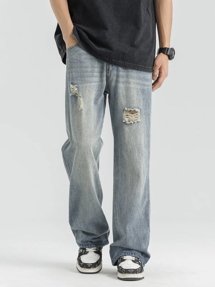 Men's Straight Ripped Fashion Ripped Jeans Korea Personality Loose Vintage Casual Wide Denim Trousers Male Streetwear
Men's Straight Ripped Fashion Ripped Jeans Korea Personality Loose Vintage Casual Wide Denim Trousers Male Streetwear
