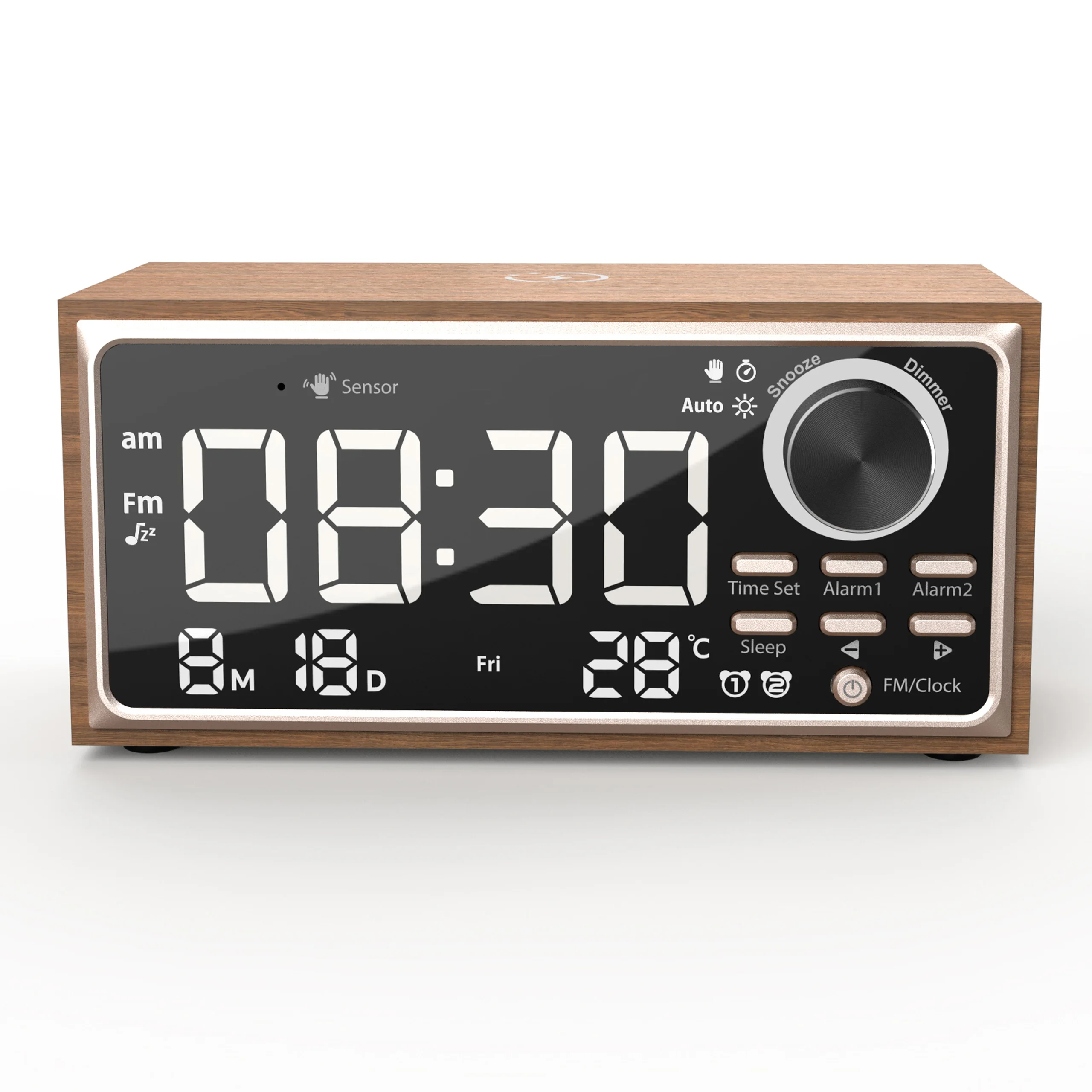 Wooden Bluetooth Speaker Alarm Clock With Fm Radio, Wireless Charging Station,USB Charger Port, Dimmable Display
Wooden Bluetooth Speaker Alarm Clock With Fm Radio, Wireless Charging Station,USB Charger Port, Dimmable Display