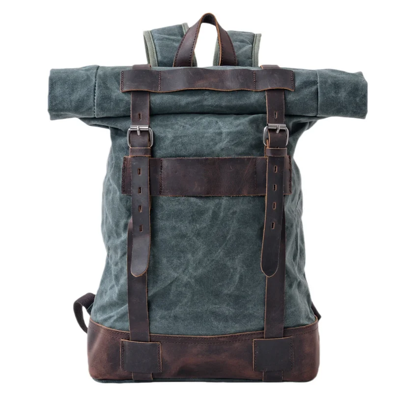 European and American outdoor backpack, casual hiking roll-top backpack, large-capacity travel bag, canvas and leather combinati
European and American outdoor backpack, casual hiking roll-top backpack, large-capacity travel bag, canvas and leather combinati