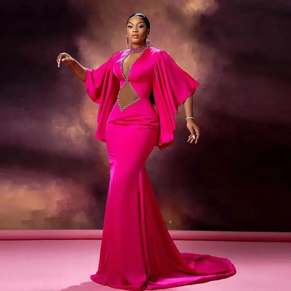 High Neck Beads Puffy Open Sleeves Plus Size Evening Party Dress Formal Occasion Gowns Rose Red Mermaid Prom Dresses
High Neck Beads Puffy Open Sleeves Plus Size Evening Party Dress Formal Occasion Gowns Rose Red Mermaid Prom Dresses