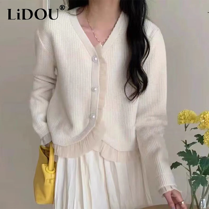 Autumn Winter Elegant Fashion Mesh Patchwork Knitted Cardigan Lady Sweet Buttons All-match Casual Sweater Coat Ruffles Top Women
Autumn Winter Elegant Fashion Mesh Patchwork Knitted Cardigan Lady Sweet Buttons All-match Casual Sweater Coat Ruffles Top Women