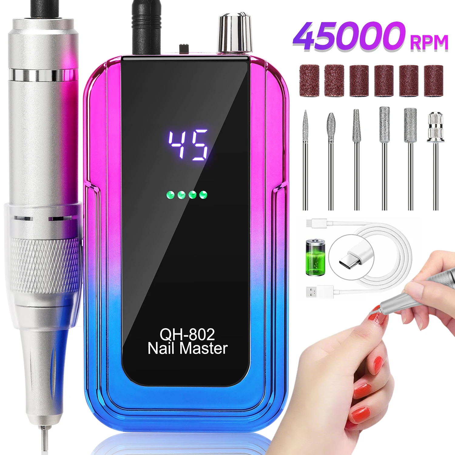 Professional 45,000rpm electric portable nail drill, rechargeable low-noise nail file, nail salon tool
Professional 45,000rpm electric portable nail drill, rechargeable low-noise nail file, nail salon tool