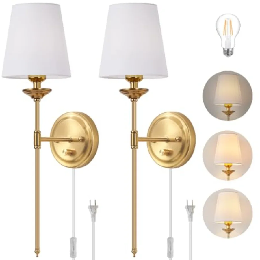 Dimmable Plug in Wall Sconces Set of 2, Gold Bedside Wall Lamp with Knob Dimmer Switch and 6.5FT Electric Cord, Mid Century Mod
Dimmable Plug in Wall Sconces Set of 2, Gold Bedside Wall Lamp with Knob Dimmer Switch and 6.5FT Electric Cord, Mid Century Mod