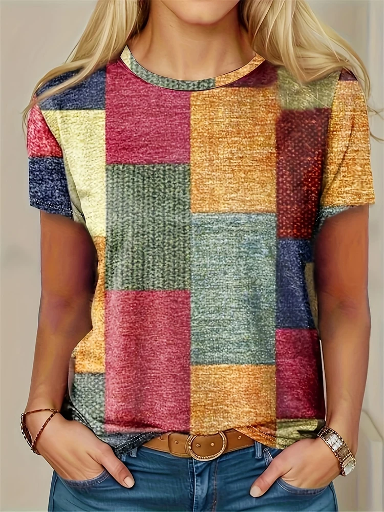 Летняя женская футболка с винтажным лоскутным узором, женская повседневная футболка с коротким рукавом и круглым вырезом, пригородная одежда 
Летняя женская футболка с винтажным лоскутным узором, женская повседневная футболка с коротким рукавом и круглым вырезом, пригородная одежда
