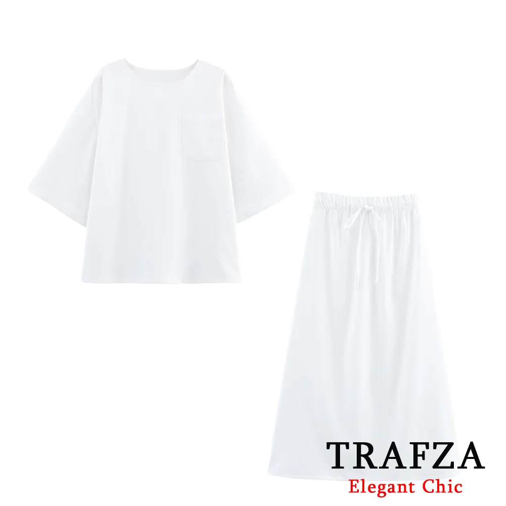 TRAFZA Women Simple Chic White Set O-Neck Pocket Tops Elastic Midi Skirt New 2025 Fashion Summer Holiday Casual Mujer Skirt Set
TRAFZA Women Simple Chic White Set O-Neck Pocket Tops Elastic Midi Skirt New 2025 Fashion Summer Holiday Casual Mujer Skirt Set