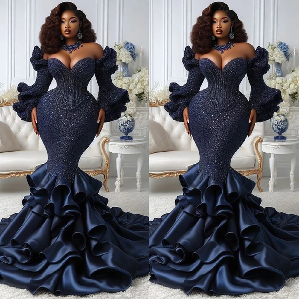 Navy Blue Lace Off The Shoulder Prom Dresses Long Sleeves Tiered Ruffles Mermaid Evening Gowns Aso Ebi Formal Party Dress
Navy Blue Lace Off The Shoulder Prom Dresses Long Sleeves Tiered Ruffles Mermaid Evening Gowns Aso Ebi Formal Party Dress