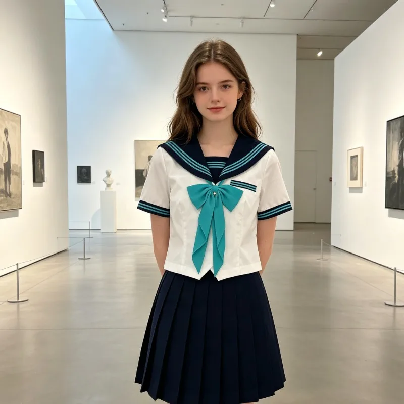 Japanese College Style New Water Color Three Line Sailor Suit Set, Short Sleeved Shirt+navy Blue Pleated Skirt, Complete Uniform
Japanese College Style New Water Color Three Line Sailor Suit Set, Short Sleeved Shirt+navy Blue Pleated Skirt, Complete Uniform