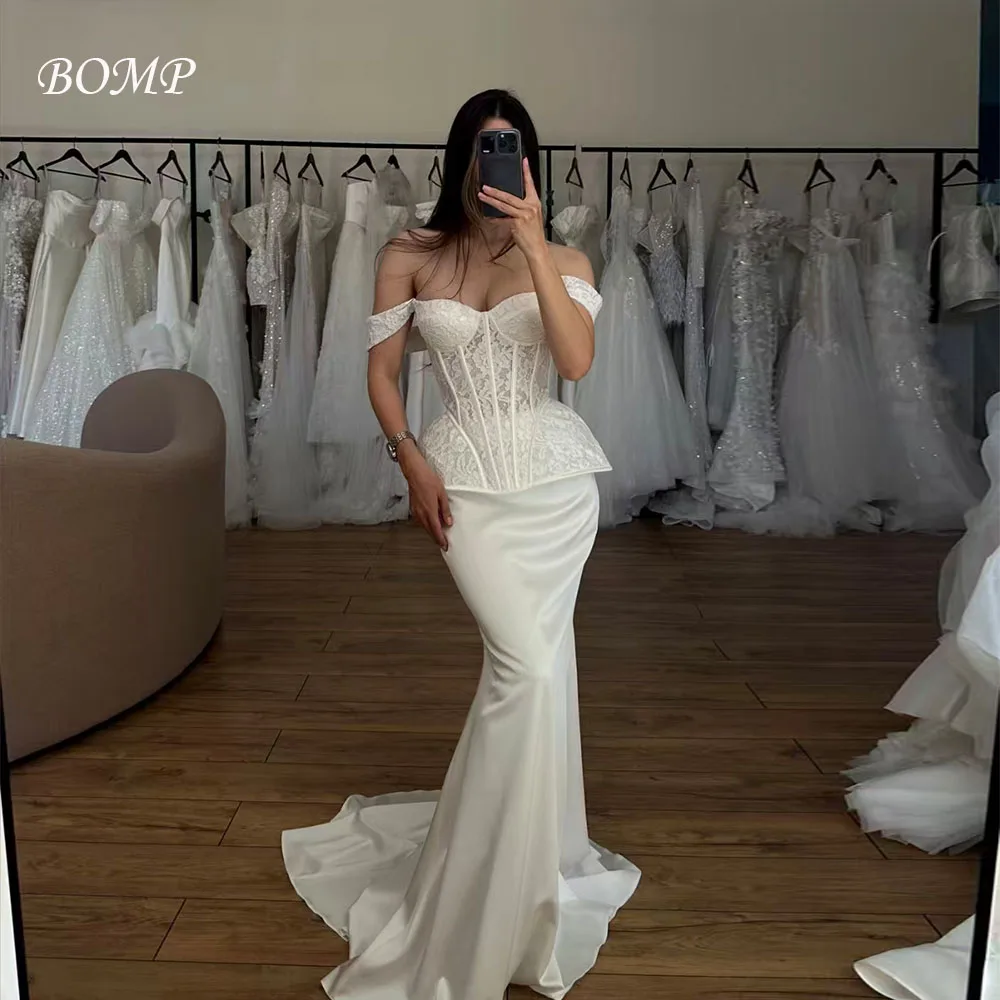 BOMP Elegant White Evening Dresses Off Shoulder Lace Corset Mermaid Sweep Train Ivory Satin Wedding Party Dress Customized
BOMP Elegant White Evening Dresses Off Shoulder Lace Corset Mermaid Sweep Train Ivory Satin Wedding Party Dress Customized