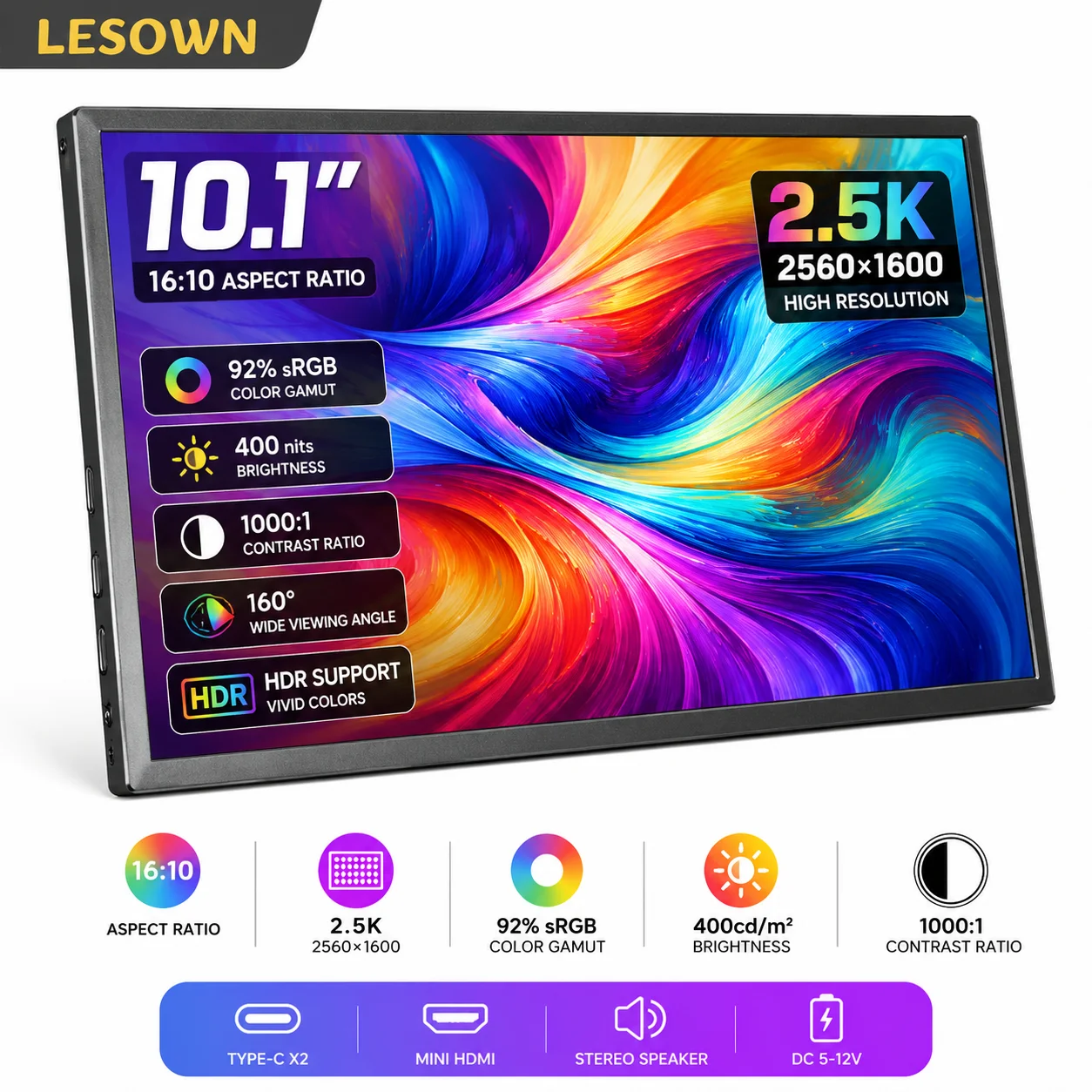 LESOWN 2.5K Screen 10.1 Inch 2560x1600 Plug and Play USB-C Portable Display Black VESA Laptop Sub-monitor
LESOWN 2.5K Screen 10.1 Inch 2560x1600 Plug and Play USB-C Portable Display Black VESA Laptop Sub-monitor