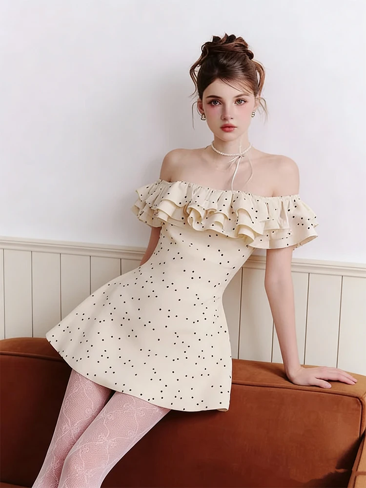Sweet Chic Polka Dot One Shoulder Dress Women's Small Size Elegant Lady Slimming Skirt French Style High Waist A-Line Dress
Sweet Chic Polka Dot One Shoulder Dress Women's Small Size Elegant Lady Slimming Skirt French Style High Waist A-Line Dress