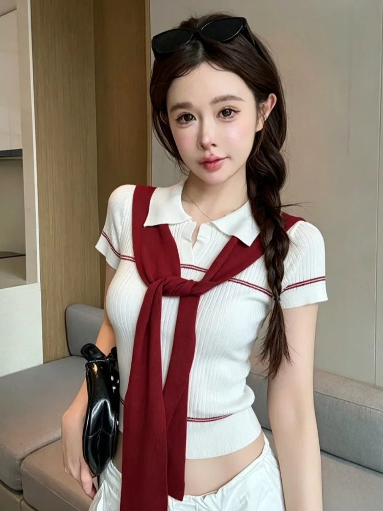 Sweet Summer New Neck Splice Short Sleeve Knitted T-Shirt Overhead Slim Fit with Sash Girl Stripe Knitted Top Korean Style
Sweet Summer New Neck Splice Short Sleeve Knitted T-Shirt Overhead Slim Fit with Sash Girl Stripe Knitted Top Korean Style