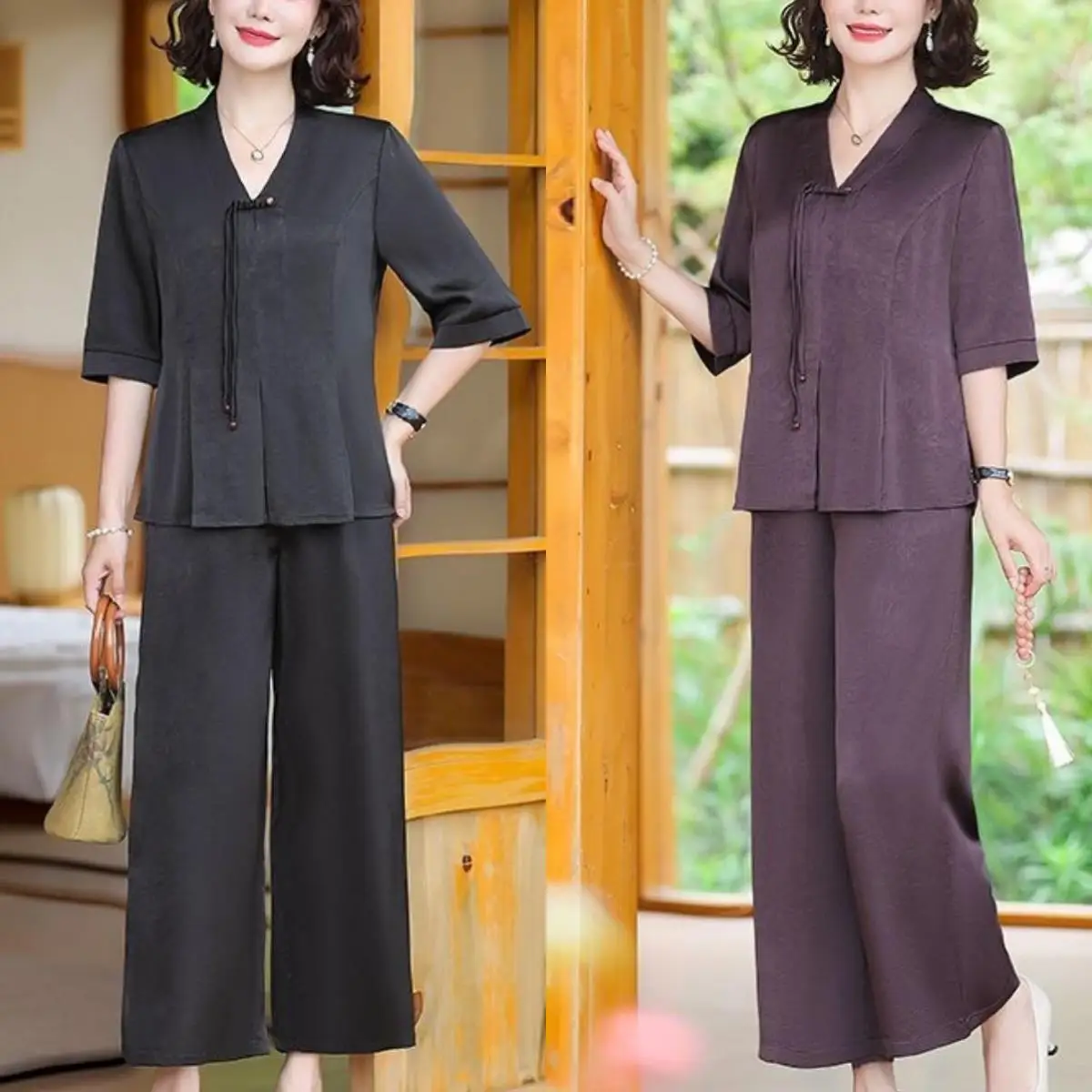 Fashionable Summer Two-Piece Set for Middle-Aged And Elderly Women Silk Satin Top And Pants Loose Fit V-Neck Color
Fashionable Summer Two-Piece Set for Middle-Aged And Elderly Women Silk Satin Top And Pants Loose Fit V-Neck Color