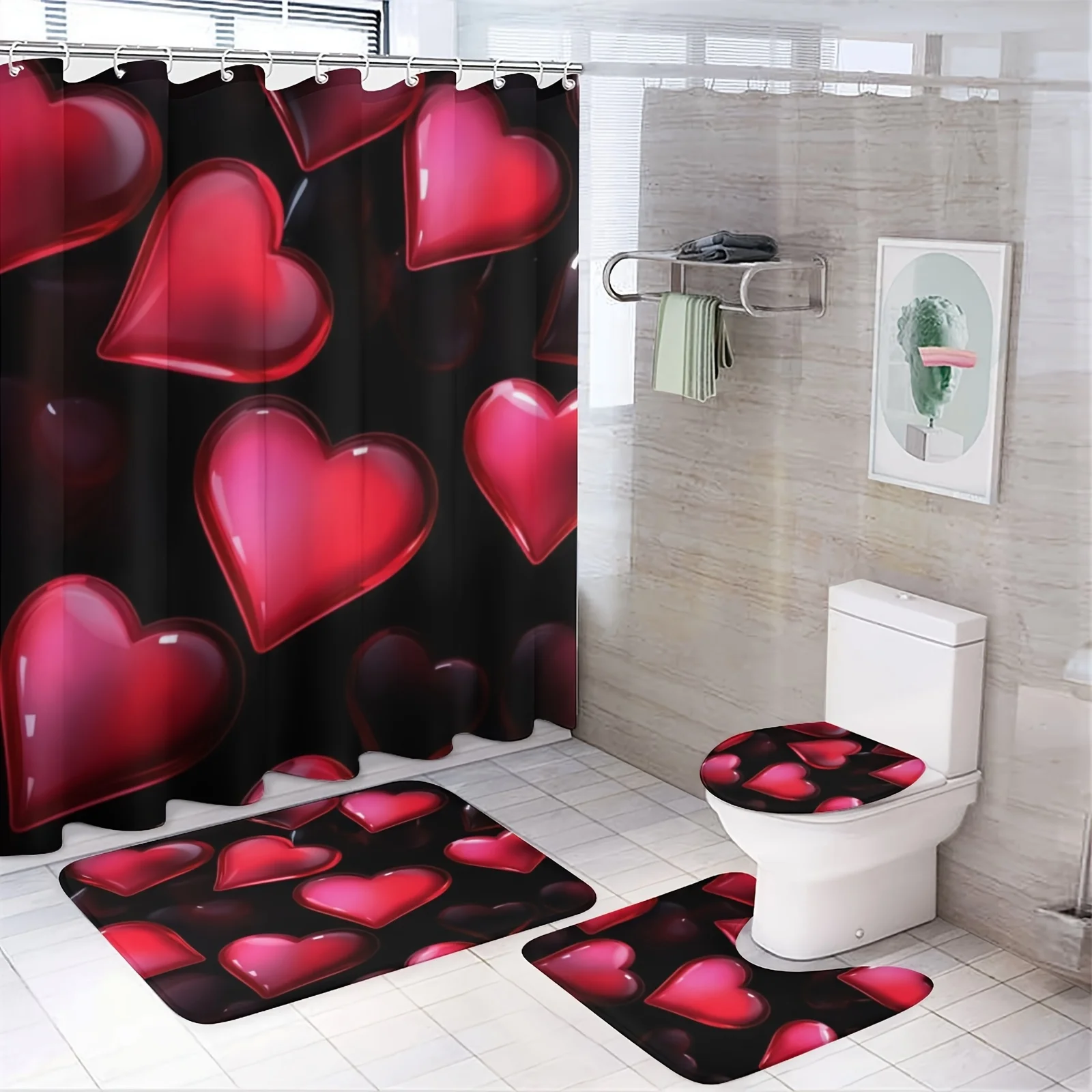 Комплект из 4 предметов для ванной комнаты Shimmering Hearts: занавеска для душа, коврик для ванной, крышка унитаза, крышка бачка — романтический и элегантный декор
Комплект из 4 предметов для ванной комнаты Shimmering Hearts: занавеска для душа, коврик для ванной, крышка унитаза, крышка бачка — романтический и элегантный декор