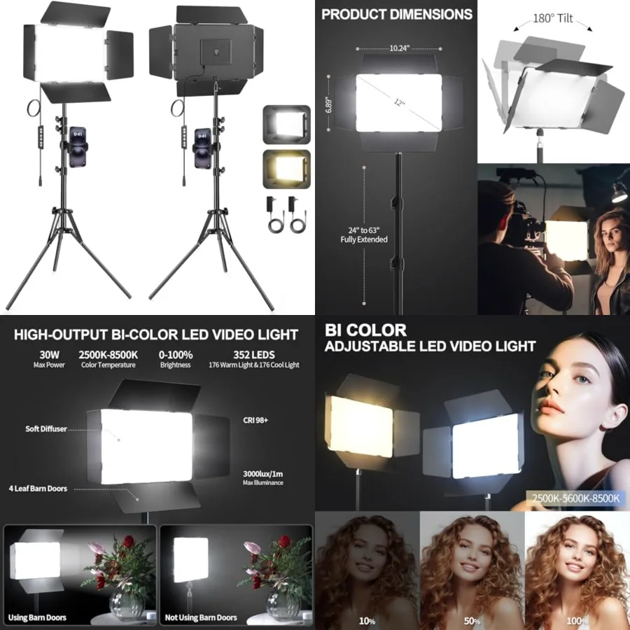 2 Pack LED Video Light with Barndoor, 30W Photography Lighting with Tripod Stand, 3000Lux CRI 98+ 2500K-8500K Studio Light Podc
2 Pack LED Video Light with Barndoor, 30W Photography Lighting with Tripod Stand, 3000Lux CRI 98+ 2500K-8500K Studio Light Podc