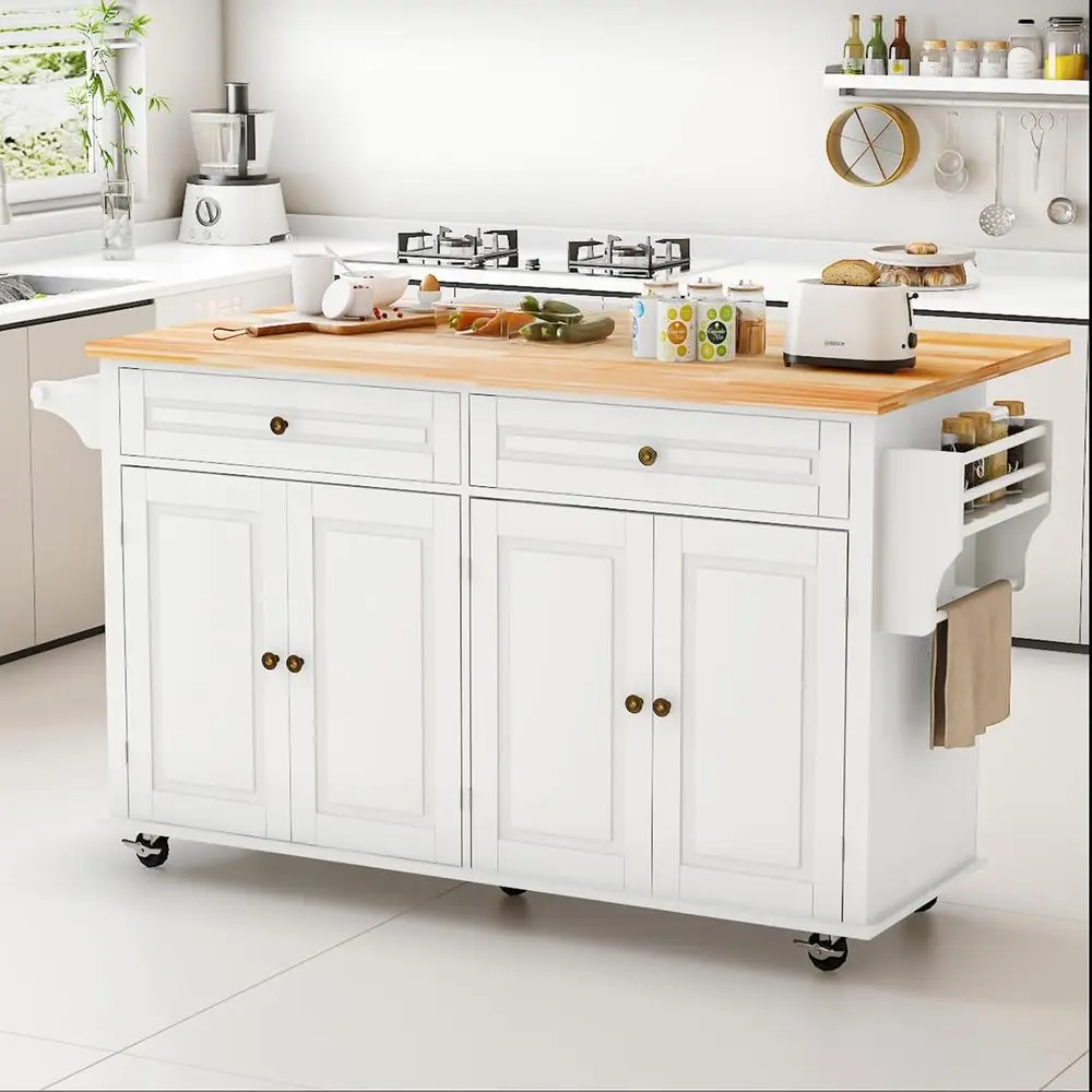 White Rolling Kitchen Island with Wood Top, Drop Leaf, Storage, Spice Rack, and Towel Bar
White Rolling Kitchen Island with Wood Top, Drop Leaf, Storage, Spice Rack, and Towel Bar