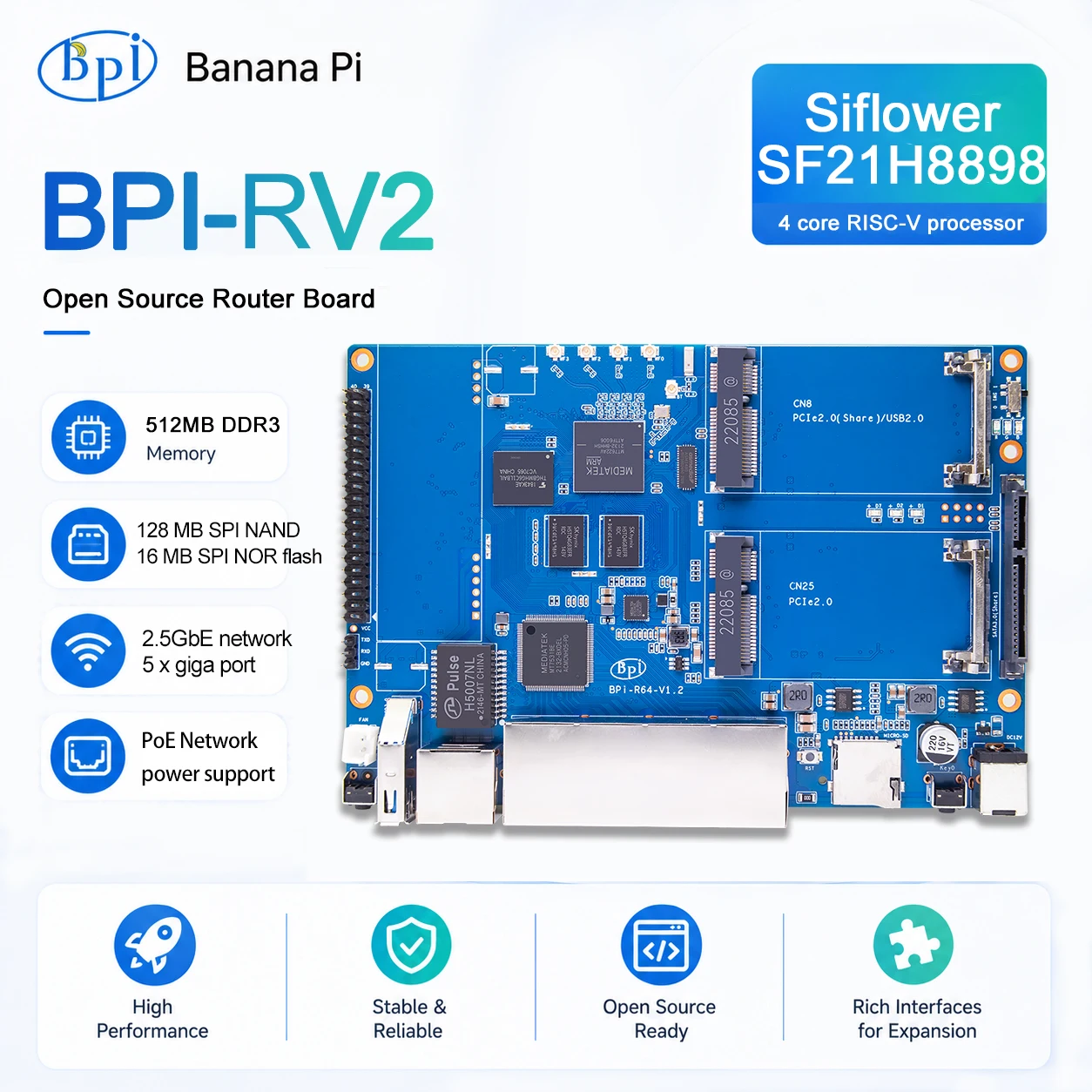 Banana Pi BPI-RV2 Siflower SF21H8898 4 core RISC-V Processor 512MB DDR3 16 MB SPI NOR flash RTC Risc-V Gateway Board