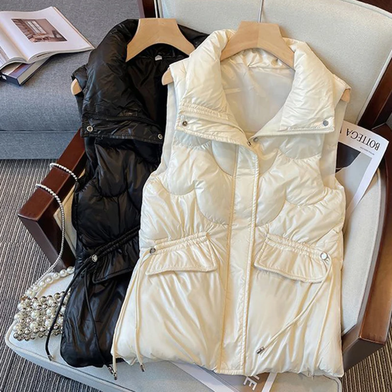 Cotton Vest Coat Women Korean Drawstring Pockets Fall Winter Warm Zipper Stand Collar Jackets Sleeveless Vintage Chic Outwear
Cotton Vest Coat Women Korean Drawstring Pockets Fall Winter Warm Zipper Stand Collar Jackets Sleeveless Vintage Chic Outwear