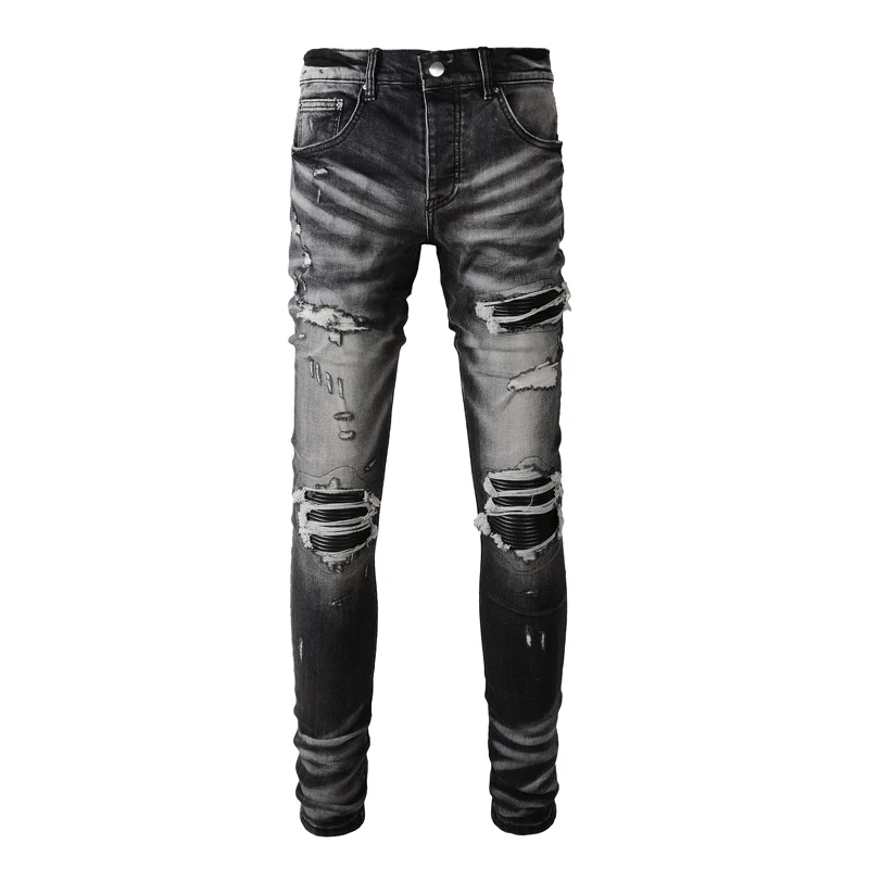 Fashionable new men's jeans with perforated patches, washed water, nostalgic stretch, slim fit, black gray jeans, high street de
Fashionable new men's jeans with perforated patches, washed water, nostalgic stretch, slim fit, black gray jeans, high street de