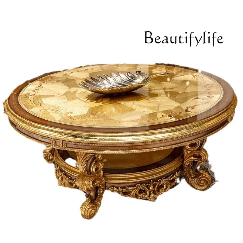European high-end luxury solid wood carving flower desktop contrasting color parquet round coffee table furniture
European high-end luxury solid wood carving flower desktop contrasting color parquet round coffee table furniture