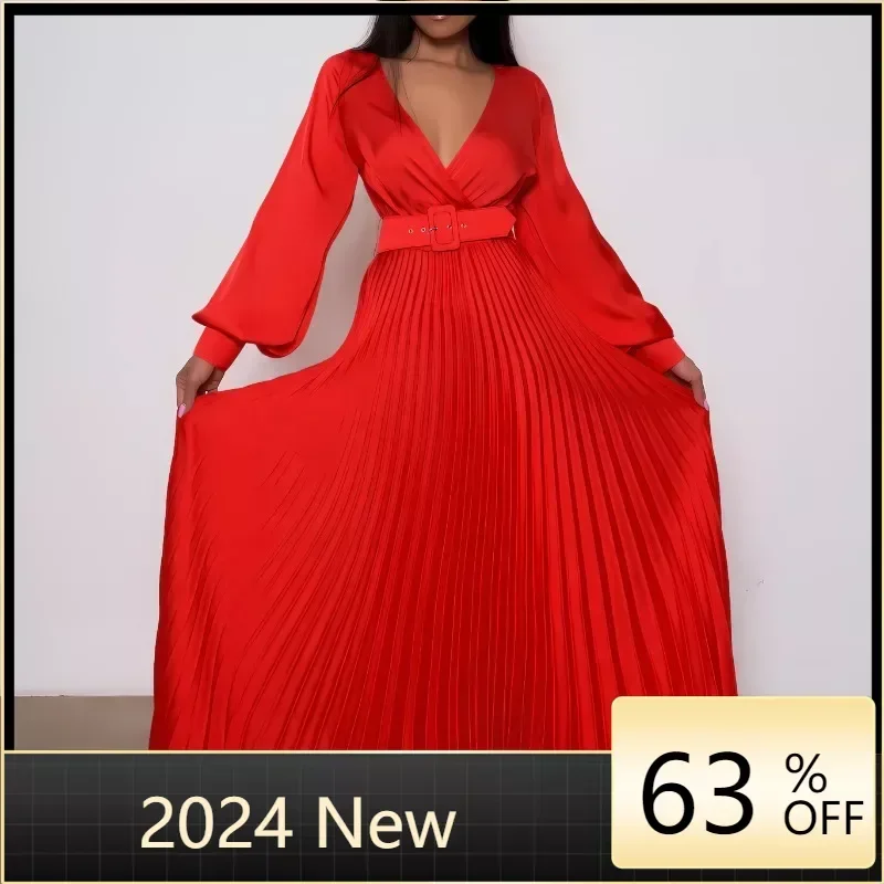Elegant Long Sleeve High Waist Pleated Robe Dress Sexy Deep V Neck Solid Color Long Dress Women Autumn Satin Big Hem Party Dress
Elegant Long Sleeve High Waist Pleated Robe Dress Sexy Deep V Neck Solid Color Long Dress Women Autumn Satin Big Hem Party Dress