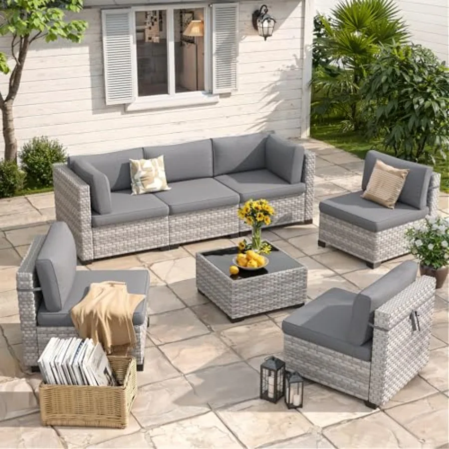 6-Seat Modular Patio Furniture Set Outdoor Wicker Sectional Sofa for Backyard Garden Deck Lounge, Gray PE Rattan, 4 Thick Cushi
6-Seat Modular Patio Furniture Set Outdoor Wicker Sectional Sofa for Backyard Garden Deck Lounge, Gray PE Rattan, 4 Thick Cushi