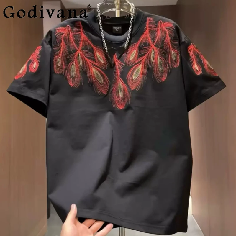 Heavy Industry Feather Embroidery Fashion Short Sleeve Men's Summer New Leisure T-shirt American Crew Neck Handsome Loose Tops
Heavy Industry Feather Embroidery Fashion Short Sleeve Men's Summer New Leisure T-shirt American Crew Neck Handsome Loose Tops