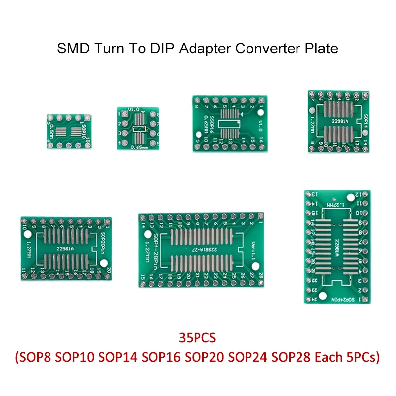 35 шт./лот печатная плата SMD превращается в DIP-адаптер-конвертер (7 видов) Protoboard SOP8 MSOP10 SOP14 SOP16 SOP20 SOP24 SOP28 DIY Electronic
35 шт./лот печатная плата SMD превращается в DIP-адаптер-конвертер (7 видов) Protoboard SOP8 MSOP10 SOP14 SOP16 SOP20 SOP24 SOP28 DIY Electronic