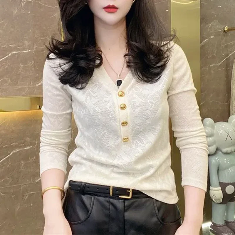 Spring Autumn Solid Color Fashion T-Shirts Women V-neck Long Sleeve Button Patchwork Pullovers Elegant All-match Chic Tops B268
Spring Autumn Solid Color Fashion T-Shirts Women V-neck Long Sleeve Button Patchwork Pullovers Elegant All-match Chic Tops B268
