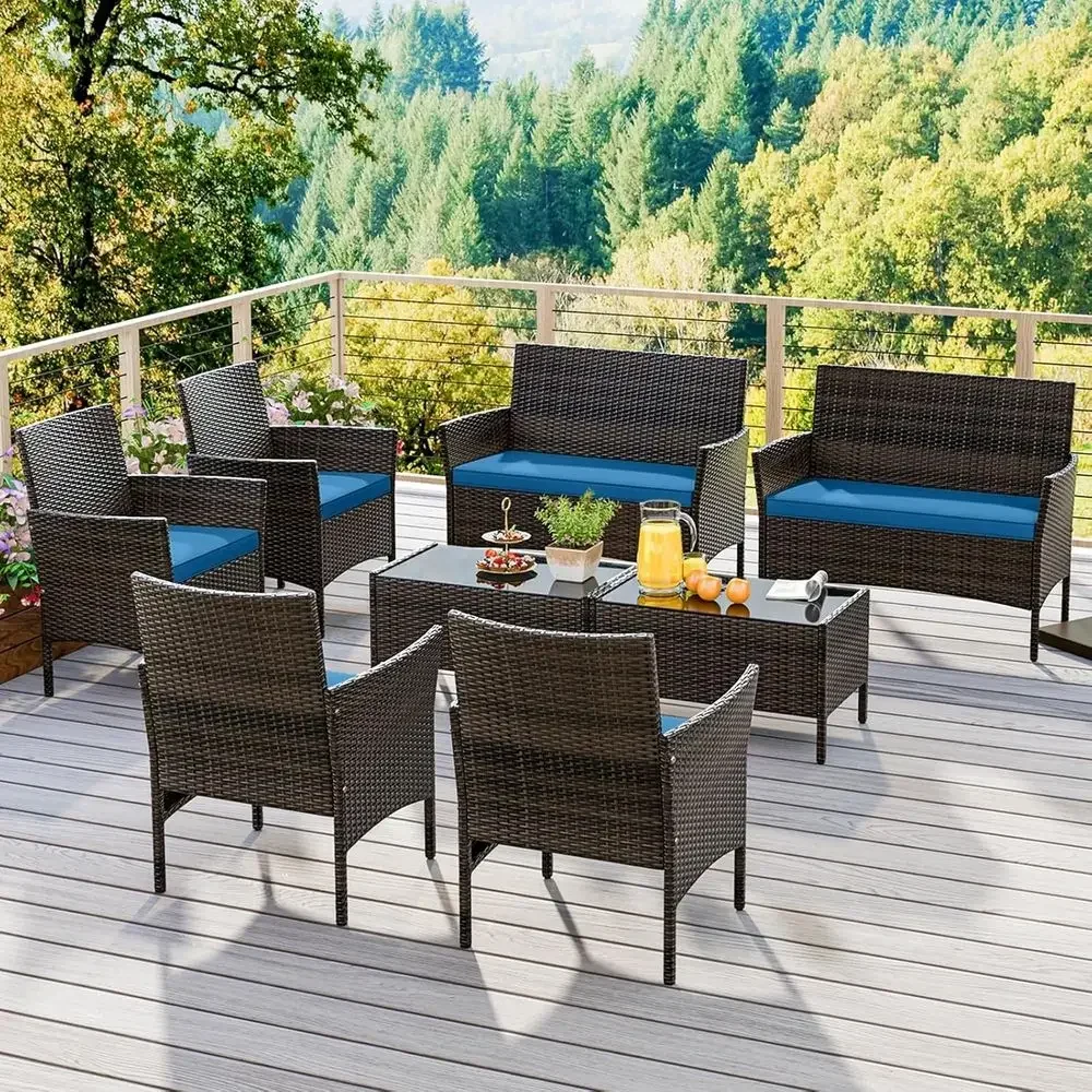 8-Piece Outdoor Peacock Blue Rattan Patio Furniture Set with Loveseat, Chairs, and Glass Table
8-Piece Outdoor Peacock Blue Rattan Patio Furniture Set with Loveseat, Chairs, and Glass Table