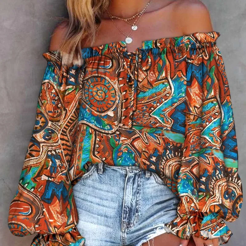 Women Top Off Shoulder Shirring Backless Long Sleeve Colorful Print Lace Up Loose Lantern Sleeve Prom Vacation Blouse Lady Top
Women Top Off Shoulder Shirring Backless Long Sleeve Colorful Print Lace Up Loose Lantern Sleeve Prom Vacation Blouse Lady Top
