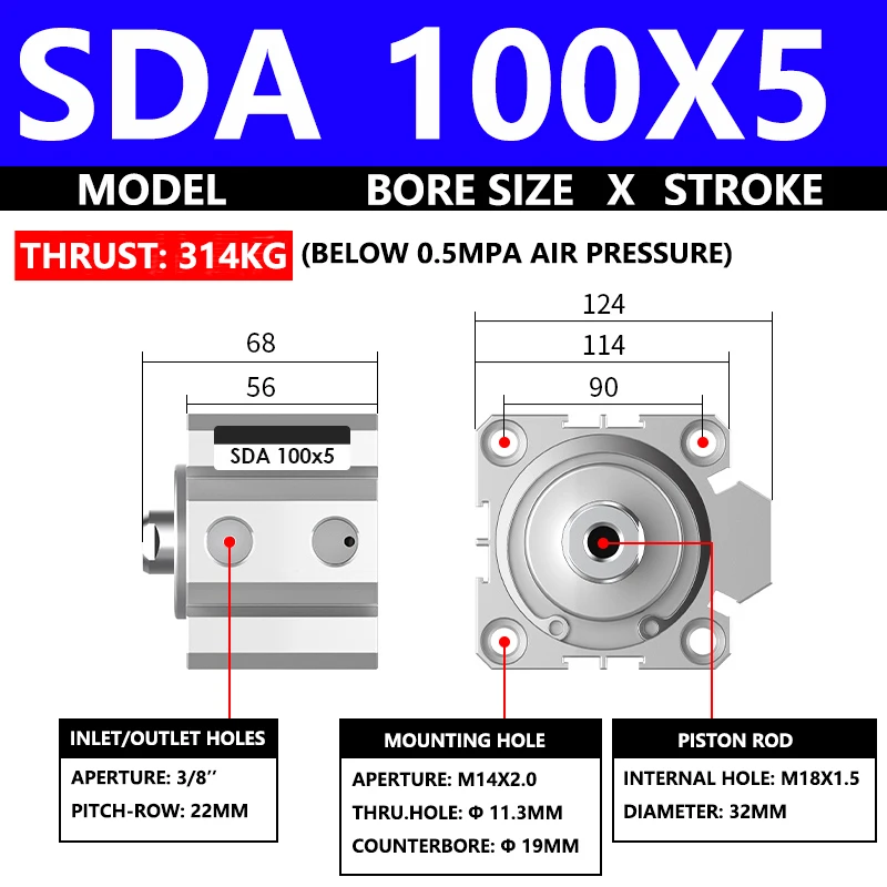 ABILKEEN SDA100X5 SDA Series Thin Air Cylinder 100MM Female Thread Bore X 5MM Stroke Double Acting Pneumatic Compact Cylinder
ABILKEEN SDA100X5 SDA Series Thin Air Cylinder 100MM Female Thread Bore X 5MM Stroke Double Acting Pneumatic Compact Cylinder