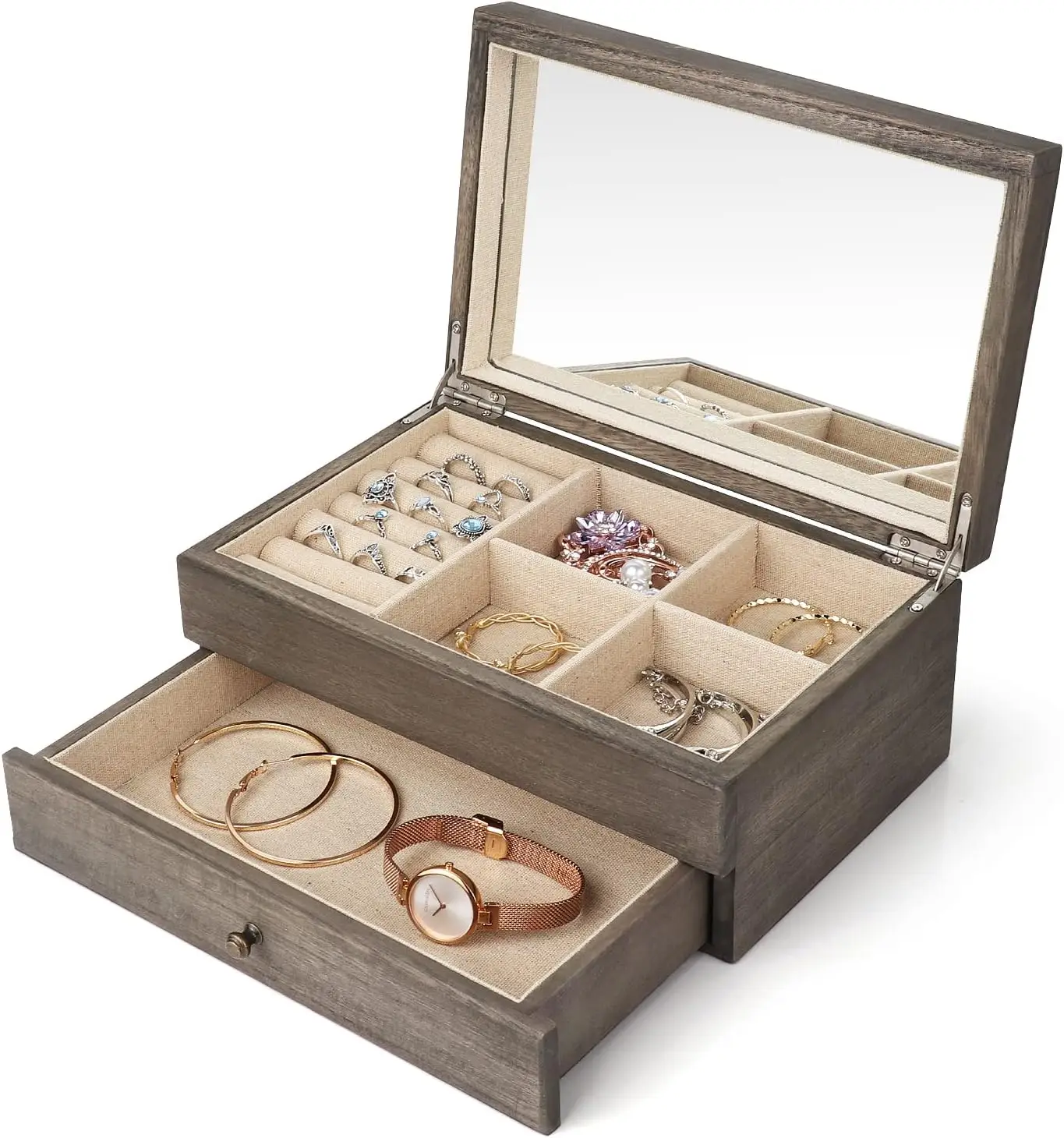 Rustic Wooden Jewelry Box Organizer with Mirror for Women, 2 Layer Large Storage Case for Necklace Earrings Rings Bracelets
Rustic Wooden Jewelry Box Organizer with Mirror for Women, 2 Layer Large Storage Case for Necklace Earrings Rings Bracelets