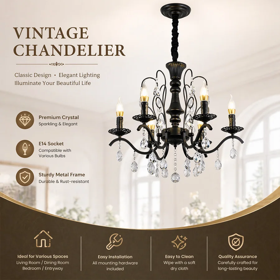 6-light、8-light French Black Crystal Chandelier, 3-Color Switch Dimmable Candle Ceiling Light for Living Room & Bedroom
6-light、8-light French Black Crystal Chandelier, 3-Color Switch Dimmable Candle Ceiling Light for Living Room & Bedroom