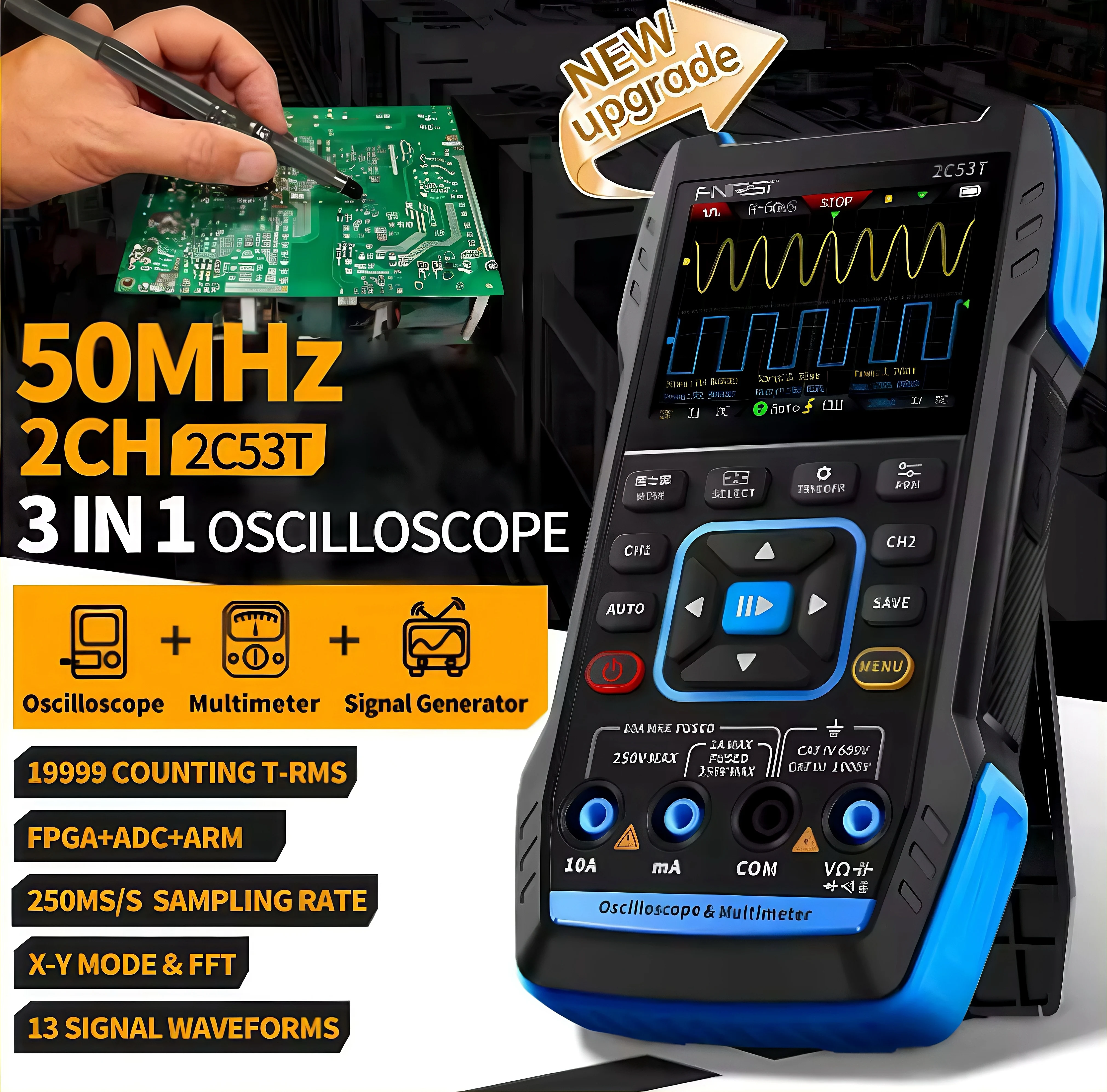 FNIRSI 2C53T Pro 50MHz Oscilloscope Multimeter - 3-in-1 Handheld Device with Dual Channel/Signal Generator for Automotive
FNIRSI 2C53T Pro 50MHz Oscilloscope Multimeter - 3-in-1 Handheld Device with Dual Channel/Signal Generator for Automotive