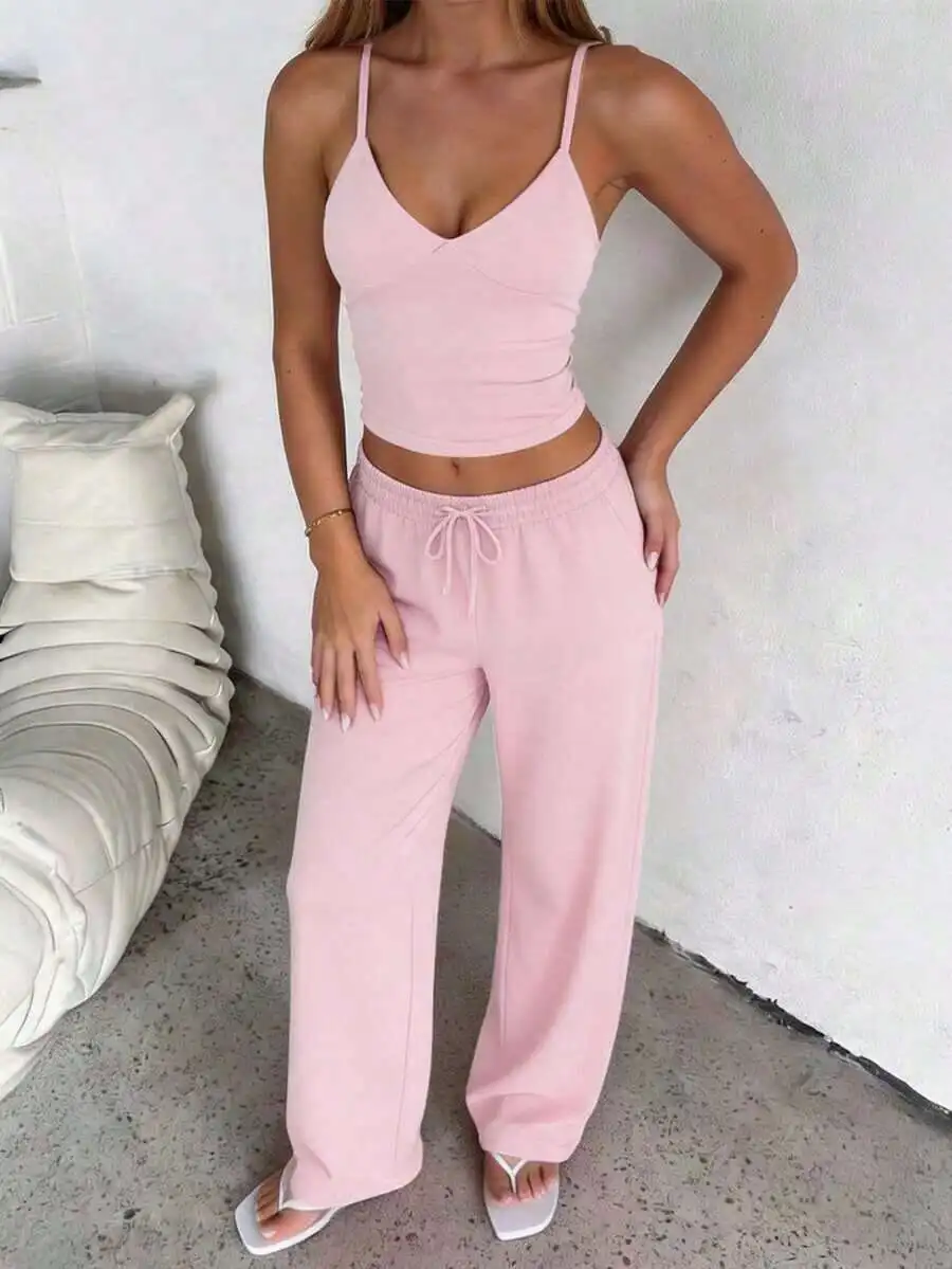 Womens Deep V Camisole And Loose Straight Leg Pants 2 Piece Set Casual Summer
Womens Deep V Camisole And Loose Straight Leg Pants 2 Piece Set Casual Summer
