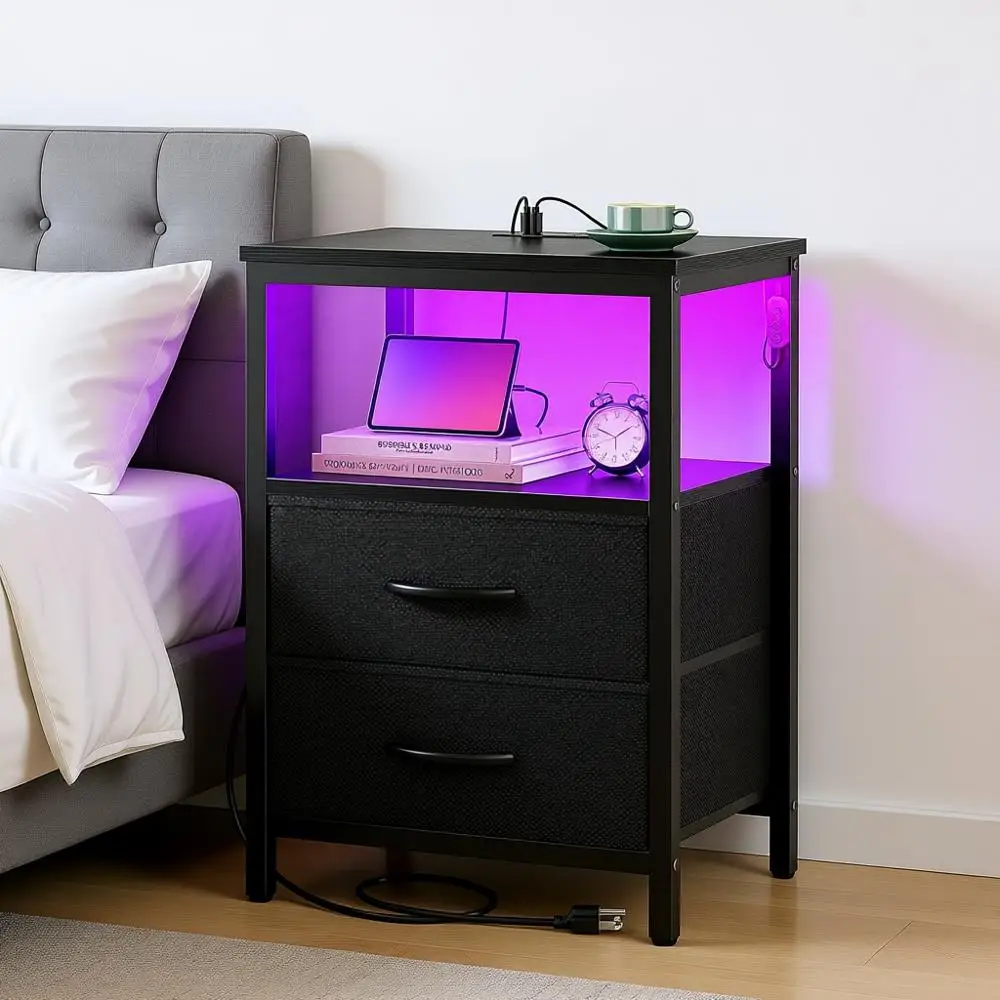 Прикроватная тумбочка с LED-подсветкой, 2 ящиками, открытой полкой, для спальни, черная
Прикроватная тумбочка с LED-подсветкой, 2 ящиками, открытой полкой, для спальни, черная