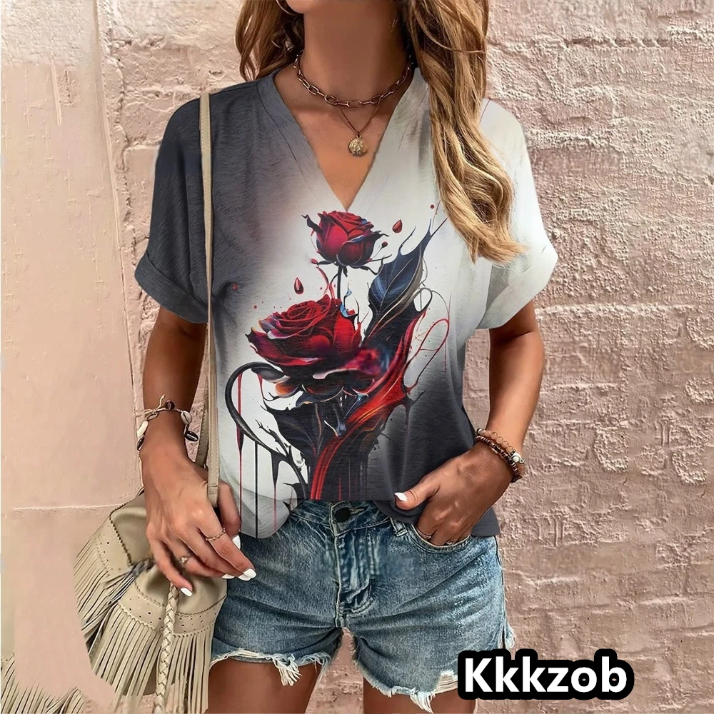 Rose Flower Print Casual Short Sleeve 3D T Shirts Fashion Streetwear V Neck Summer Women's T Shirt Female Oversized Clothing
Rose Flower Print Casual Short Sleeve 3D T Shirts Fashion Streetwear V Neck Summer Women's T Shirt Female Oversized Clothing