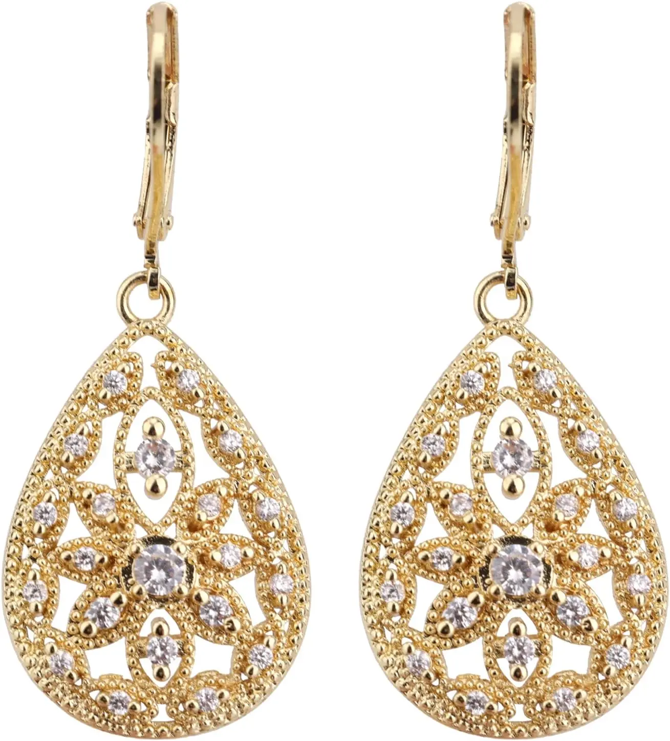 Gold Filigree Floral Drop Earrings for Women, Cubic Zirconia Leverback Dangle Jewelry
Gold Filigree Floral Drop Earrings for Women, Cubic Zirconia Leverback Dangle Jewelry