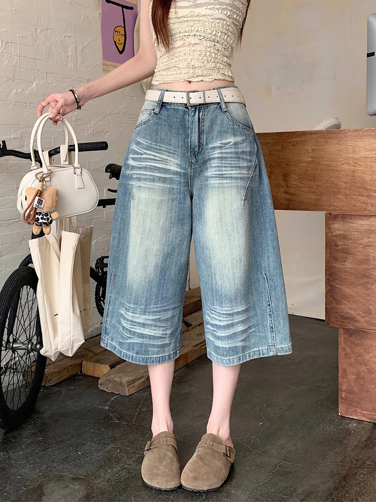 Retro Washed High Waist Wide Leg Seven Inch Jeans Women's Fashionable American Style Textured Denim Shorts Casual Summer
Retro Washed High Waist Wide Leg Seven Inch Jeans Women's Fashionable American Style Textured Denim Shorts Casual Summer