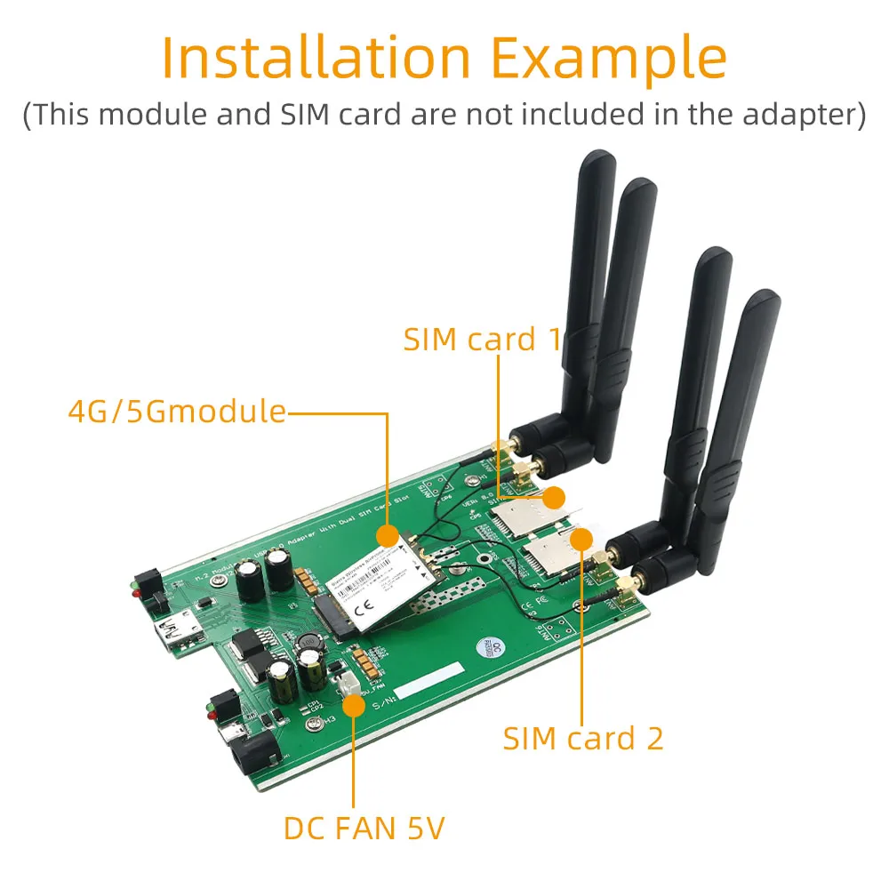 M.2(NGFF) 3G/4G/5G Module to USB 3.0 Adapter with dual SIM card slot and auxiliary power
M.2(NGFF) 3G/4G/5G Module to USB 3.0 Adapter with dual SIM card slot and auxiliary power