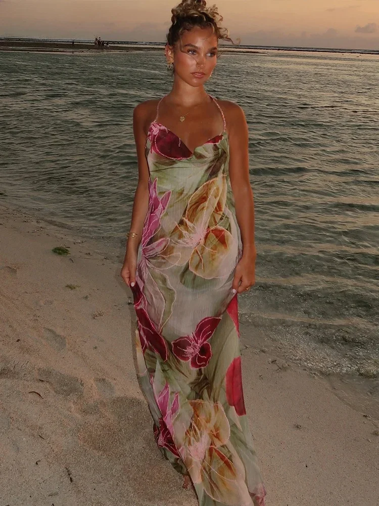 Floral Print Women Dress Vacation Beach Style Suspendency Backless Halter Split Thin Vestidos Female Trend Attractive Wear
Floral Print Women Dress Vacation Beach Style Suspendency Backless Halter Split Thin Vestidos Female Trend Attractive Wear