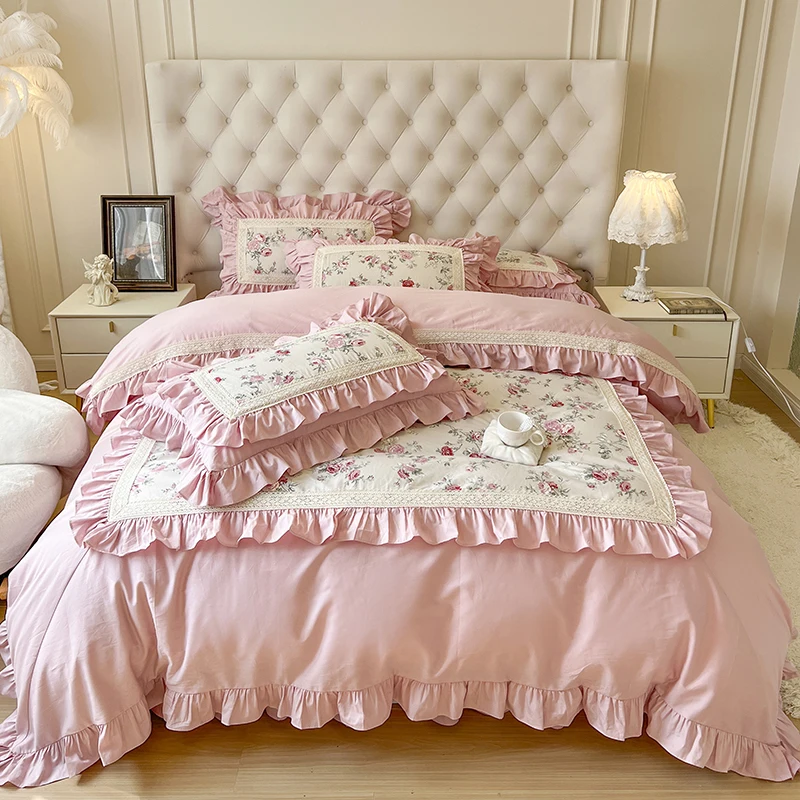 Rose Flowers Printng Bedding Set Egyptian Cotton Pink Princess Lace Ruffles Duvet Cover Bed skirt Sheet Pillowcases Home Textile
Rose Flowers Printng Bedding Set Egyptian Cotton Pink Princess Lace Ruffles Duvet Cover Bed skirt Sheet Pillowcases Home Textile
