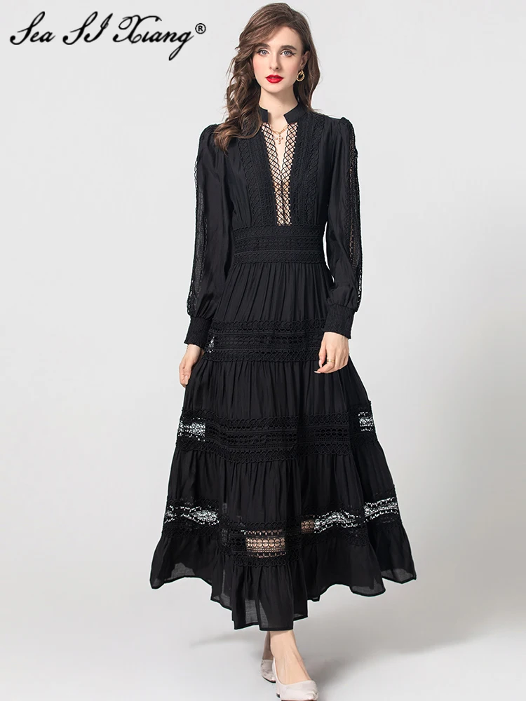Seasixiang Fashion Designer Summer Long Dress Women's V-Neck Lantern Sleeve Hollow Out Black Vintage Dresses
Seasixiang Fashion Designer Summer Long Dress Women's V-Neck Lantern Sleeve Hollow Out Black Vintage Dresses