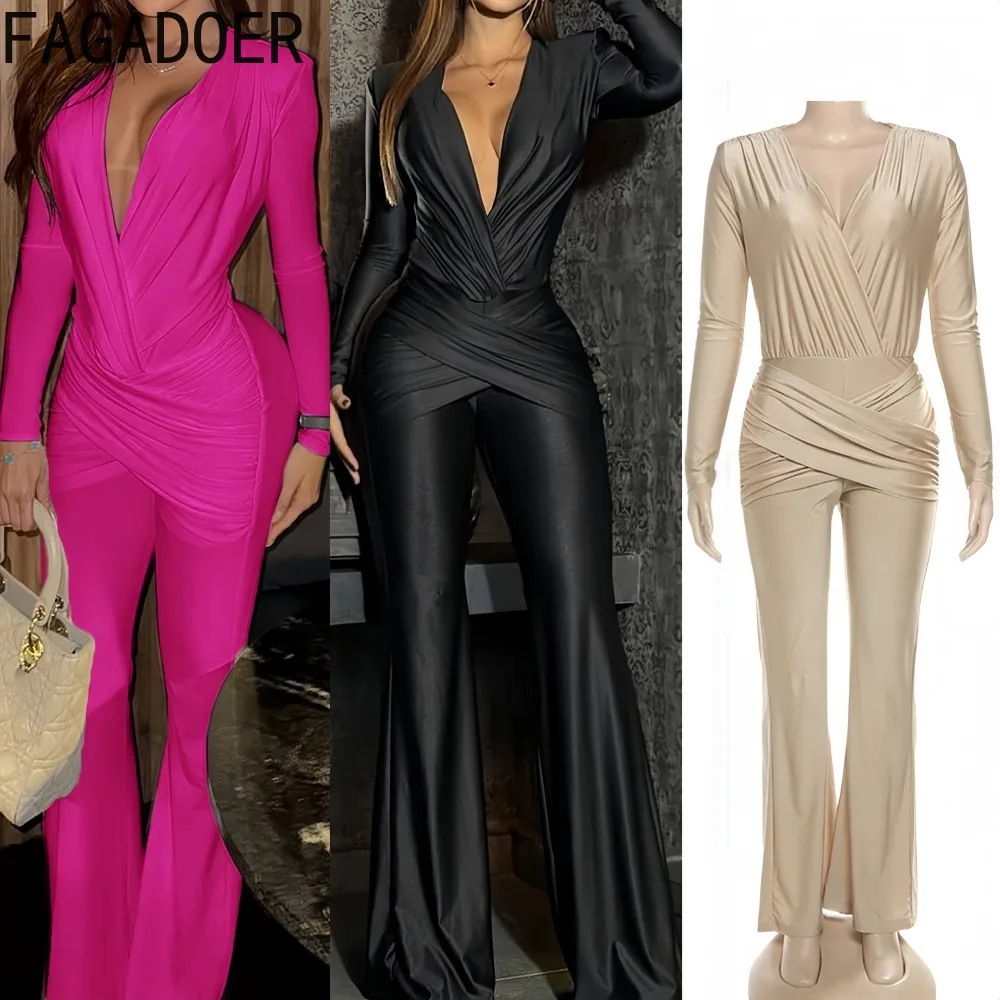 FAGADOER Sexy Ruched Patchwork Bodycon Jumpsuits Women Solid Color Deep V-neck Long Sleeves Rompers Female Streetwear Overalls
FAGADOER Sexy Ruched Patchwork Bodycon Jumpsuits Women Solid Color Deep V-neck Long Sleeves Rompers Female Streetwear Overalls