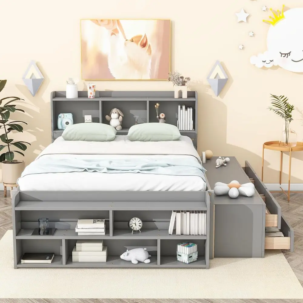 Gray Solid Wood Platform Bed with Storage and Bookcase, Multi-functional for Boys and Girls
Gray Solid Wood Platform Bed with Storage and Bookcase, Multi-functional for Boys and Girls