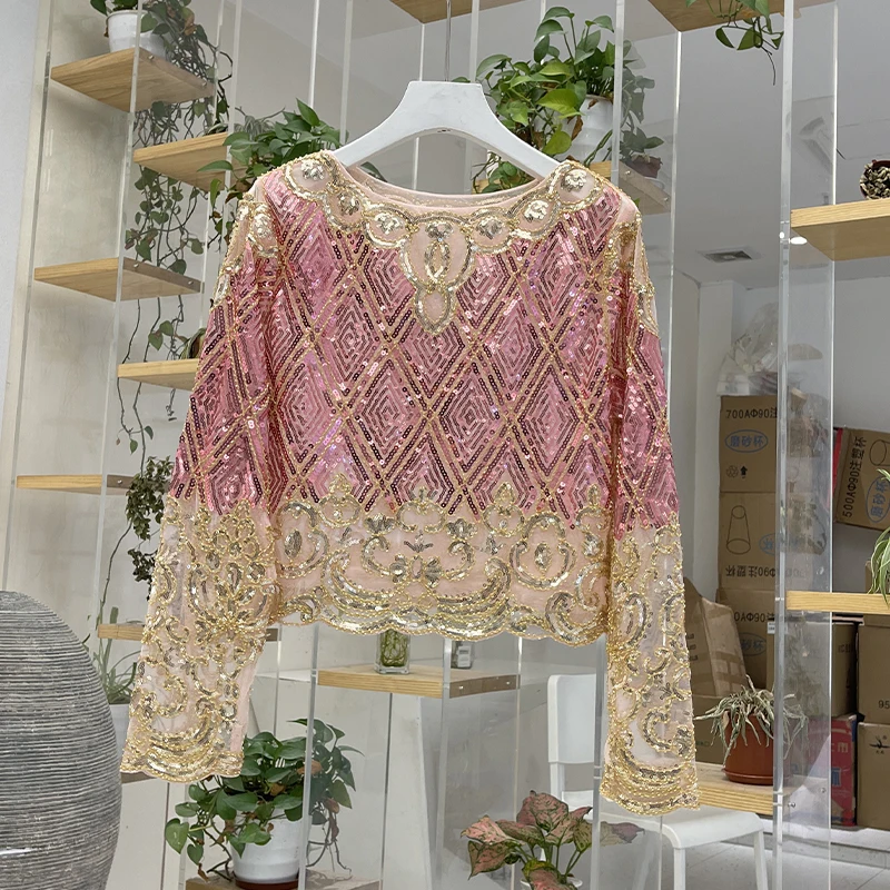 H80&S90 New Bling Bling Sequined Lace Blouse Sexy Party Long Sleeve Shiny Shirt Tank Top Beaded Embroidery Pullover Beachwear
H80&S90 New Bling Bling Sequined Lace Blouse Sexy Party Long Sleeve Shiny Shirt Tank Top Beaded Embroidery Pullover Beachwear