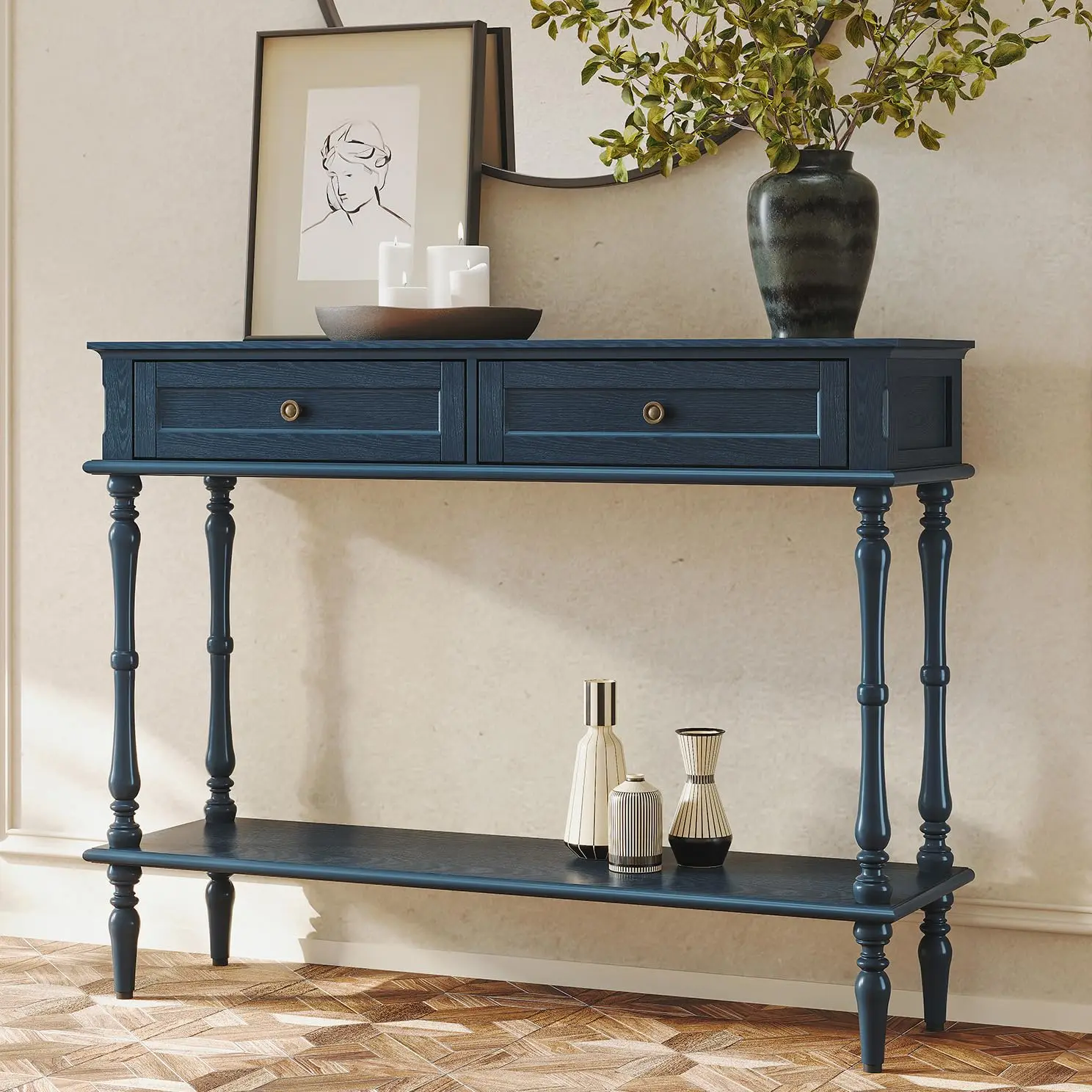 Console Table for Entryway with 2 Drawers-Minimal Assembly,Blue Retro Entryway Table with Storage Cabinets and Open Shelf,Narrow
Console Table for Entryway with 2 Drawers-Minimal Assembly,Blue Retro Entryway Table with Storage Cabinets and Open Shelf,Narrow