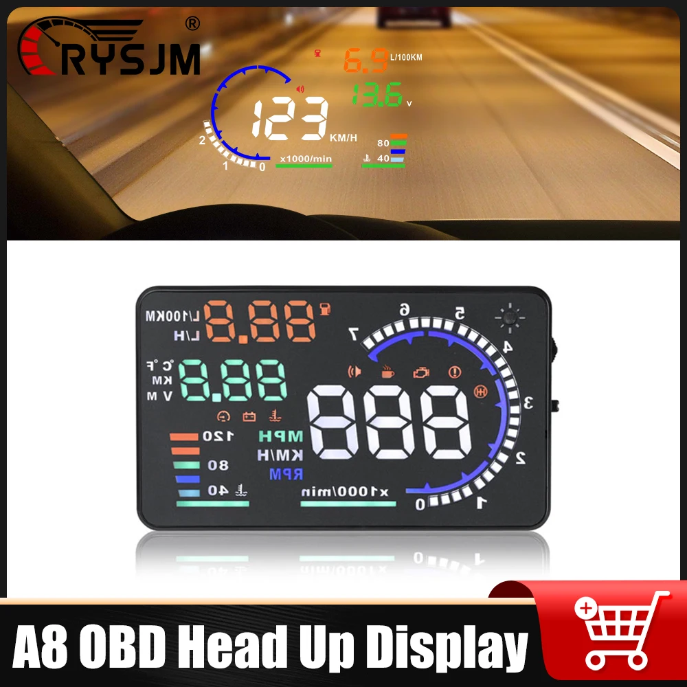A8 Car OBD HUD Windshield Projector Digital Head Up Display Speedometer KMH MPH RPM Tachometer Multi-function Display With Alarm