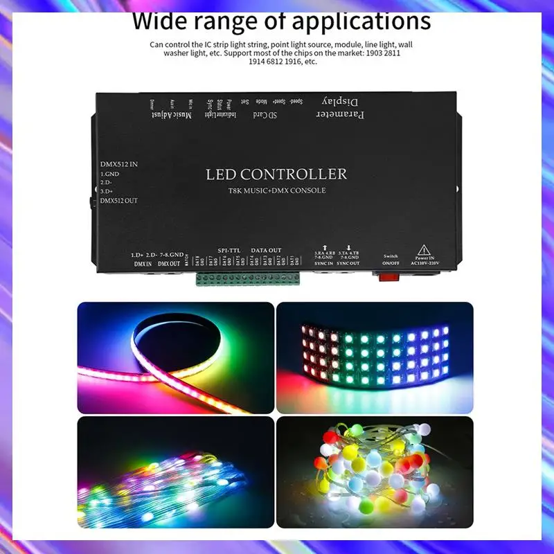 A98Z T8K Music+DMX Console 8Channels Port With Mic In/Aux In SPI-TTL Led Strip Light Controller For WS2811 WS2812B
A98Z T8K Music+DMX Console 8Channels Port With Mic In/Aux In SPI-TTL Led Strip Light Controller For WS2811 WS2812B
